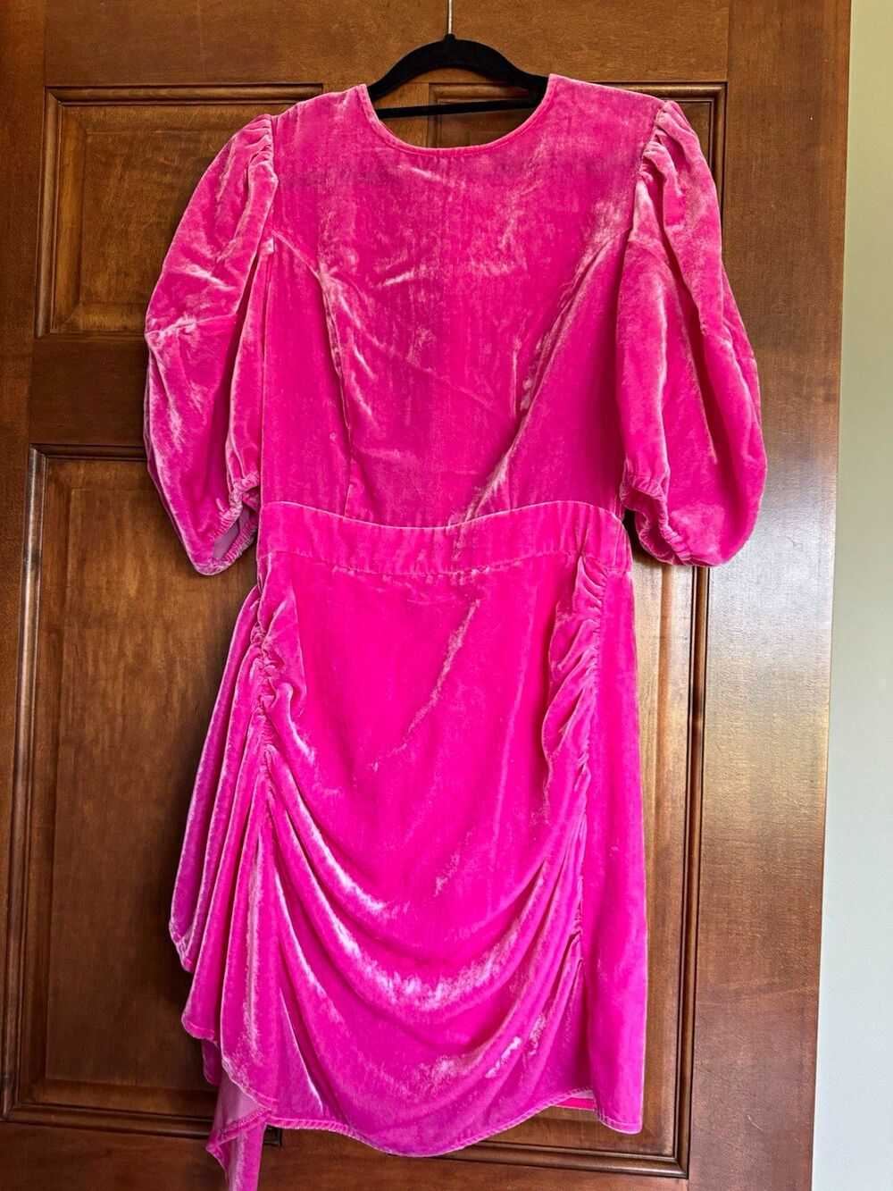 RHODE Pink Velvet Puff Sleeve Draped A-Line Mini Dress Size 2 Crew Neck